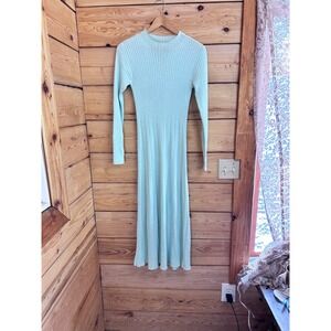 Zara Ribbed Mint Green Midi Sweater Dress Mock Neck Soft Minimalist Medium Wool